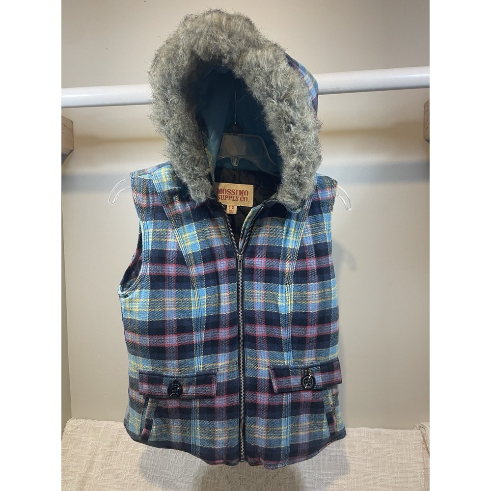 Mossimo Cotton Blue Pink Plaid Hooded Vest w/Faux Fur Hood Y2K